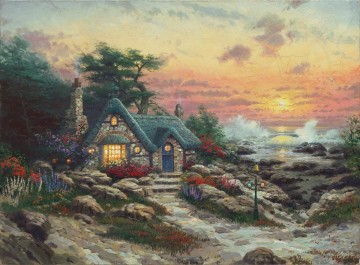 three women at the table by the lamp Painting - Cottage By The Sea Thomas Kinkade